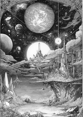 Surreal Alien Cityscape with Planets