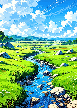 Serene Meadow Stream Under Blue Sky