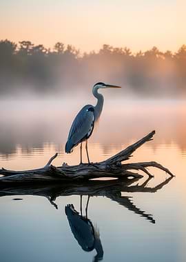 Great Blue Heron on Driftwood at Sunrise