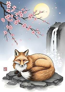 Fox by Waterfall Under Cherry Blossoms