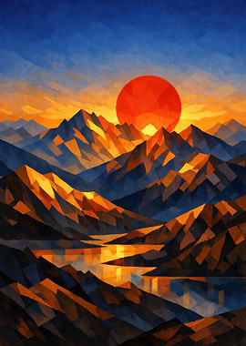 Geometric Mountain Sunset Over Lake