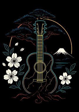 Neon Guitar Poster, Bonsai & Mount Fuji Wall Art, Japanese Music Aesthetic Print