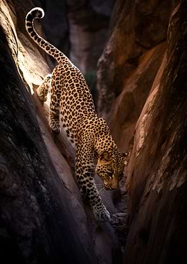 Leopard climbing through a rocky canyon