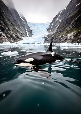 Orca whale in front of a glacier