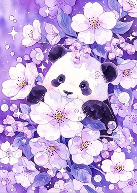 Cute Panda Among Purple Flowers