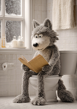 Wolf reading a book on a toilet
