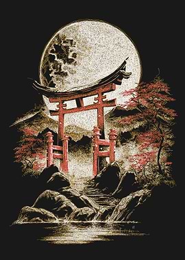 Japanese Torii Gate Under a Full Moon