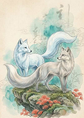 Two Foxes on a Cliff