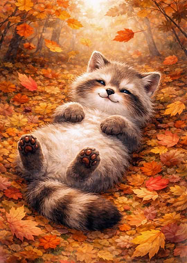 Cute Raccoon Lying in Autumn Leaves