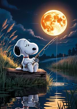 Snoopy Fishing Under the Full Moon