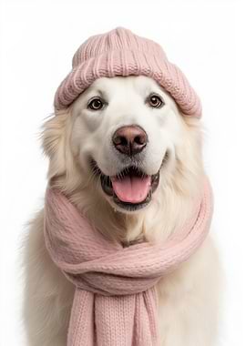 Cozy Great Pyrenees Dog Wearing Pink Hat and Scarf