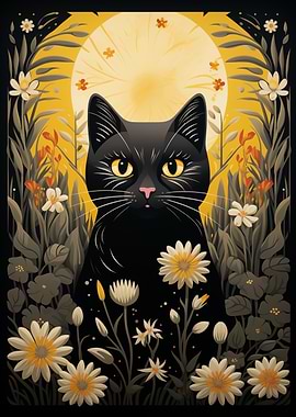 Black Cat in Floral Moonlit Scene