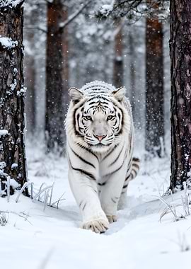 White Tiger in Snowy Forest