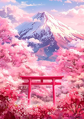 Mount Fuji with Cherry Blossoms and Torii Gate