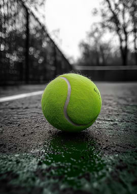 Close-up of a wet tennis ball on a court