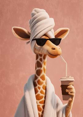 Giraffe in a bathrobe with sunglasses and coffee