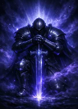 Knight Kneeling with Glowing Sword