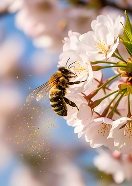Bee collecting pollen from cherry blossom