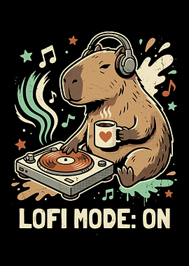 Capybara DJing with Headphones and Coffee