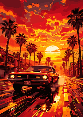 Retro Car Driving at Sunset