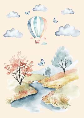 Watercolor Landscape with Hot Air Balloon