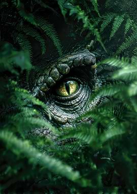 Dinosaur Eye Peeking Through Ferns