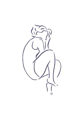 Minimalist Line Art of a Woman laying in a child pose on her left side view from top