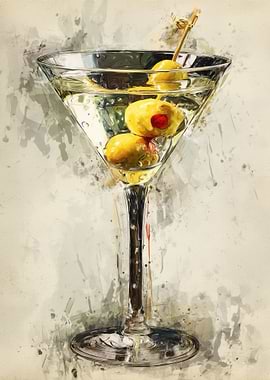 Martini with Olives Watercolor