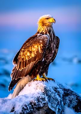 Eagle perched on a snowy rock