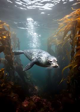 Seal swimming in kelp forest