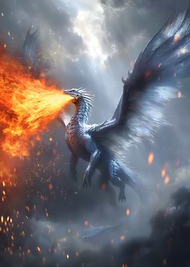 Dragon breathing fire in stormy sky