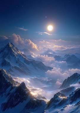 Moonlit Mountain Peaks Above Clouds