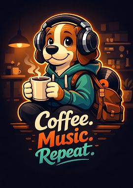 Dog with headphones and coffee