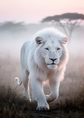 Majestic White Lion in Misty Sunrise