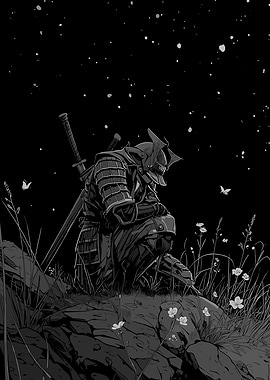 Samurai Kneeling Under Stars