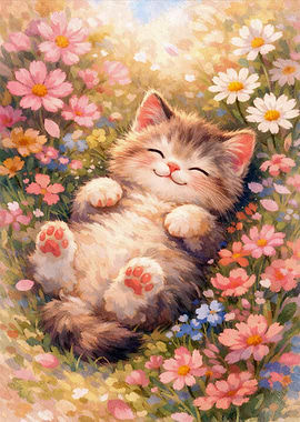 Cute Kitten Sleeping in Flowers