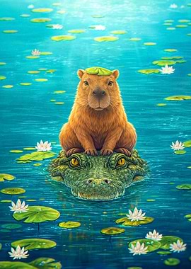 Capybara on Alligator in Lily Pond