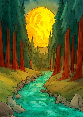 Forest Stream Under a Full Moon