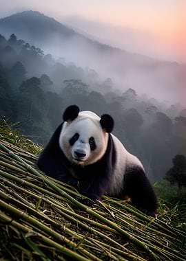 Panda in a Misty Mountain Bamboo Forest