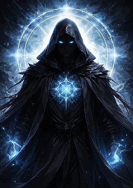 Mysterious hooded figure with glowing eyes