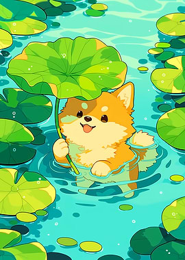 Cute Shiba Inu Dog in Lotus Pond