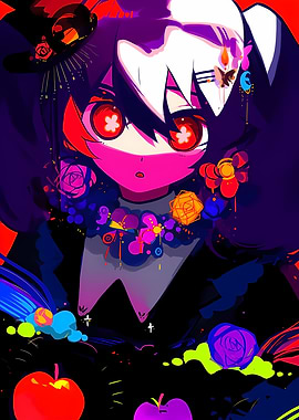 Anime Girl with Red Eyes and Flowers
