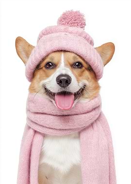 Cozy Cardigan Welsh Corgi Dog Wearing Pink Winter Hat and Scarf