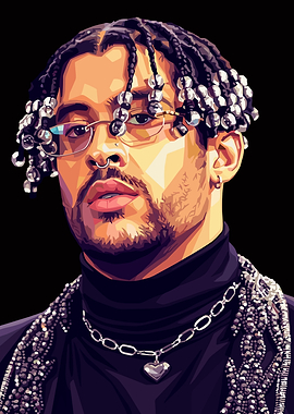 Bad Bunny Portrait with Braids and Jewelry