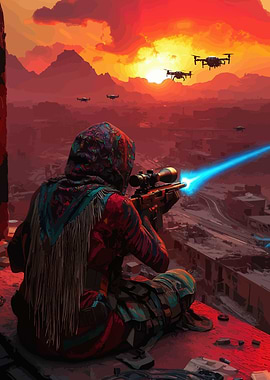 Sniper aiming at drones at sunset