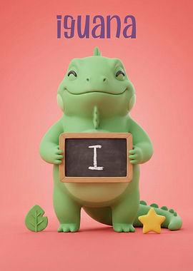 Cute Iguana Holding a Board Letter I