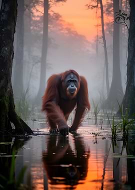 Orangutan in Misty Swamp at Sunrise