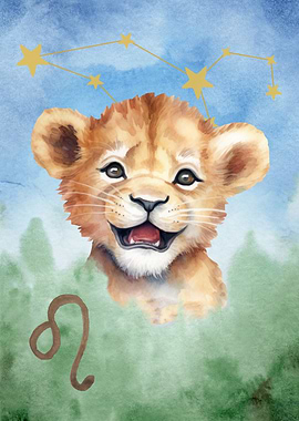 Cute Lion Cub with Leo Constellation
