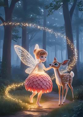 Fairy and Deer in Enchanted Forest