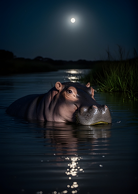 Hippopotamus in Moonlit Water